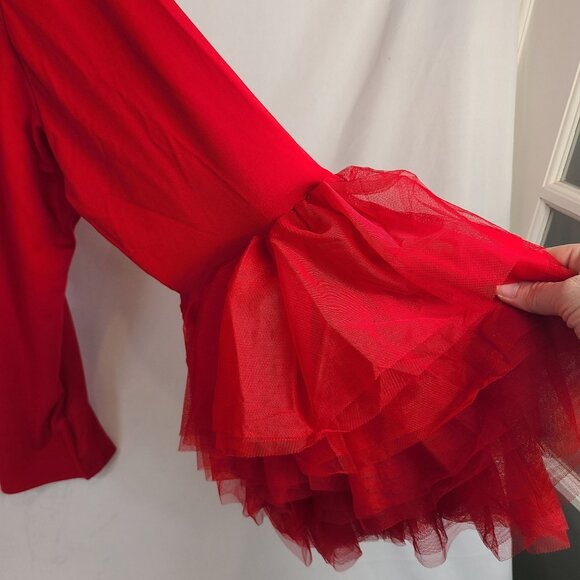 Ashley Stewart Red Tulle Bell Sleeve Blouse Professional Statement Top Sz 34/36 - Picture 7 of 8
